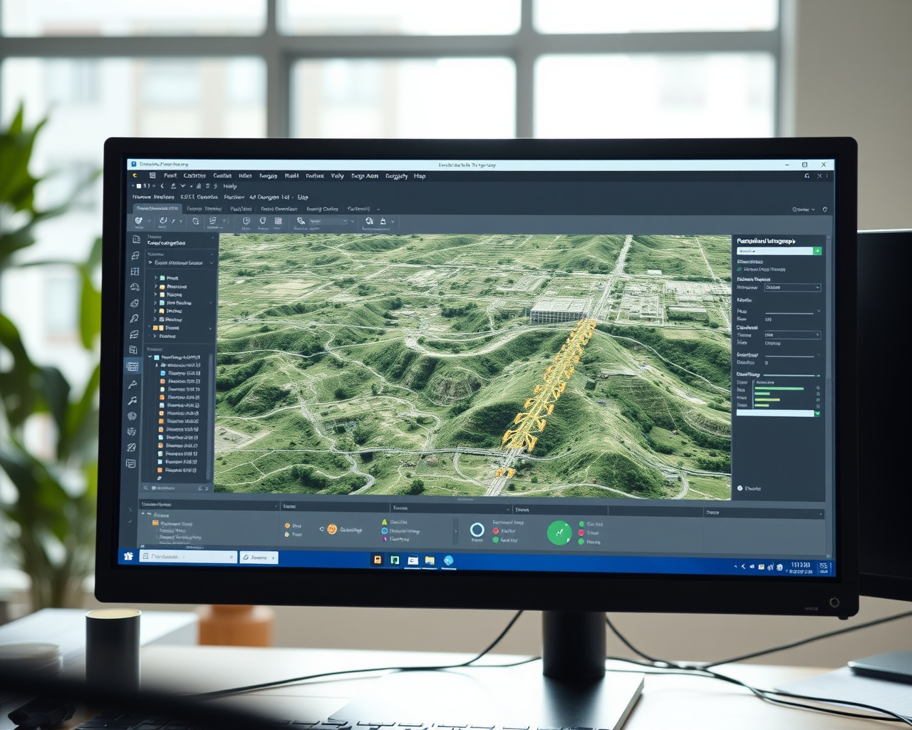 Ortofoto e modelo 3D gerados por aerofotogrametria com drone em monitor de estação de processamento