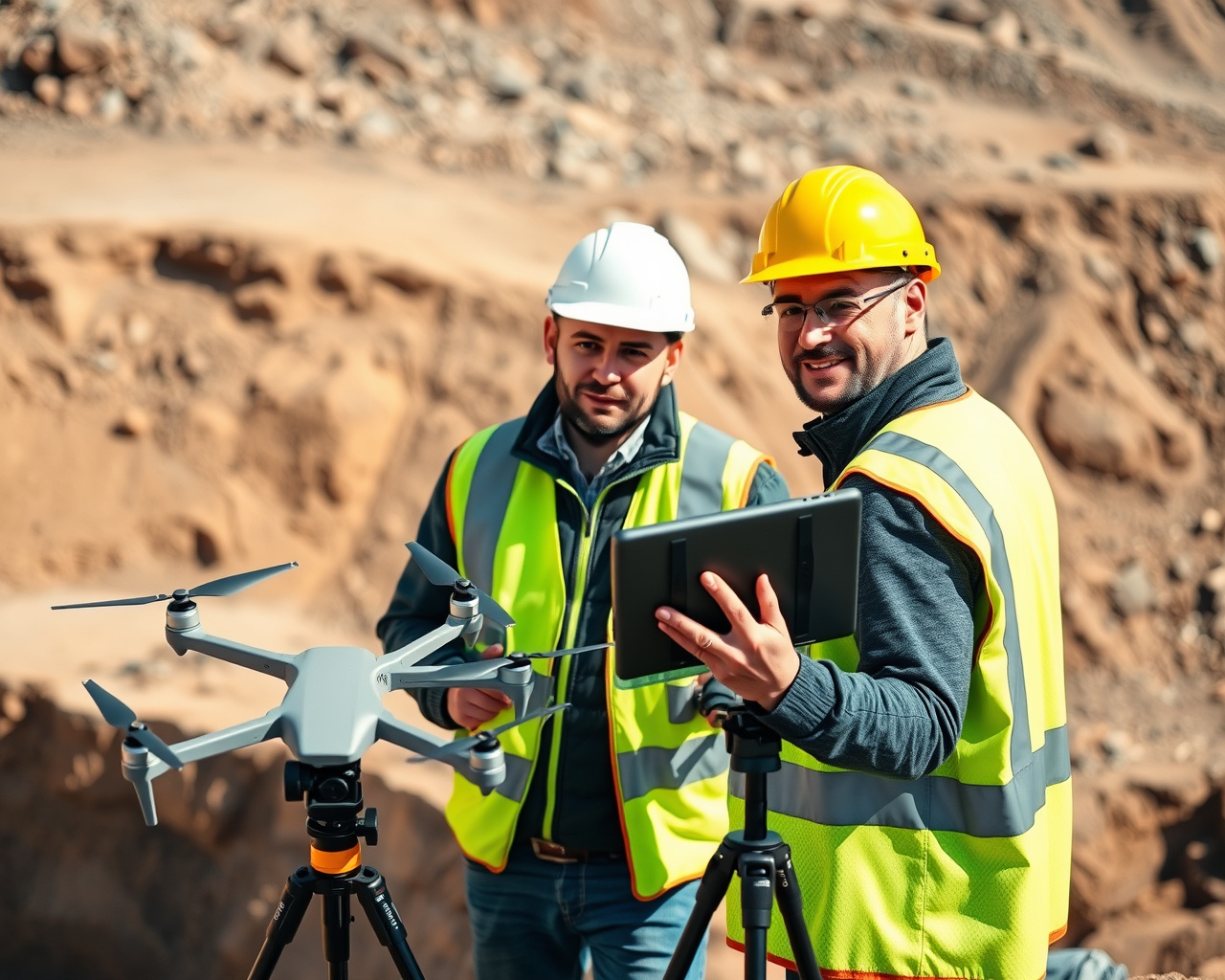 Equipe técnica executando aerolevantamento com drone em pedreira