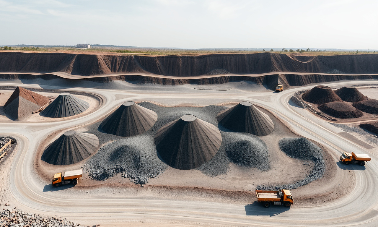 Vista aérea de pátio de estoque com pilhas de minério mapeadas por drone para cálculo de volume