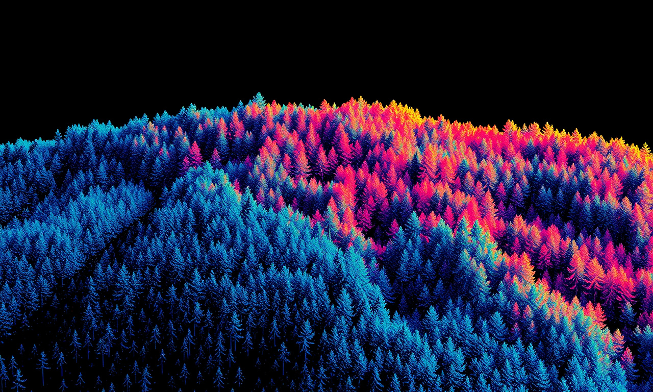 Nuvem de pontos LiDAR colorida por altitude revelando o terreno sob a vegetação de uma área florestada
